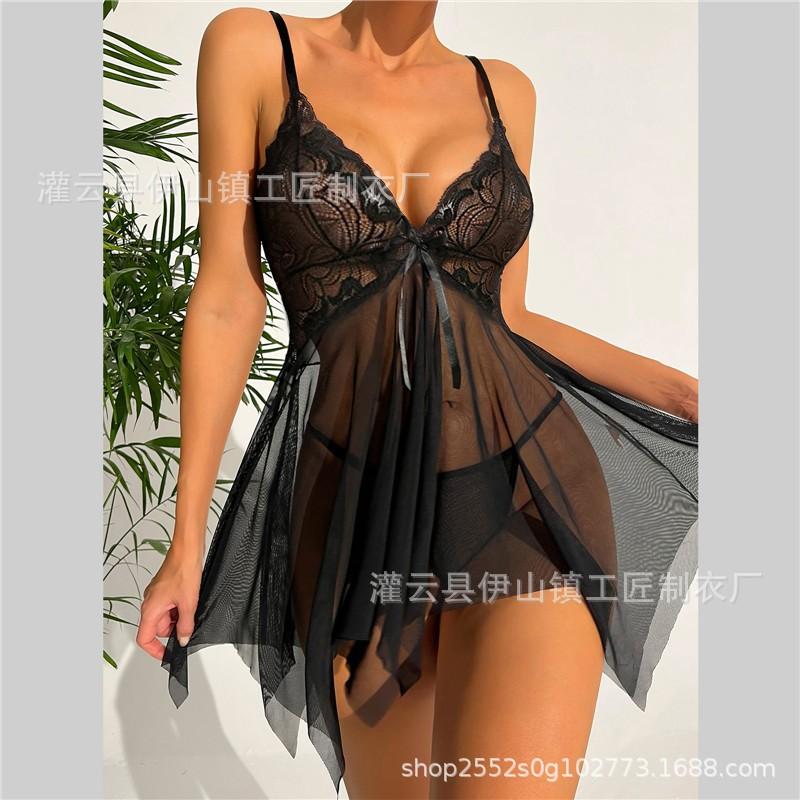 Letní dámská krajková síťovaná sexy souprava spodního prádla pokušení podvazkové pyžamo