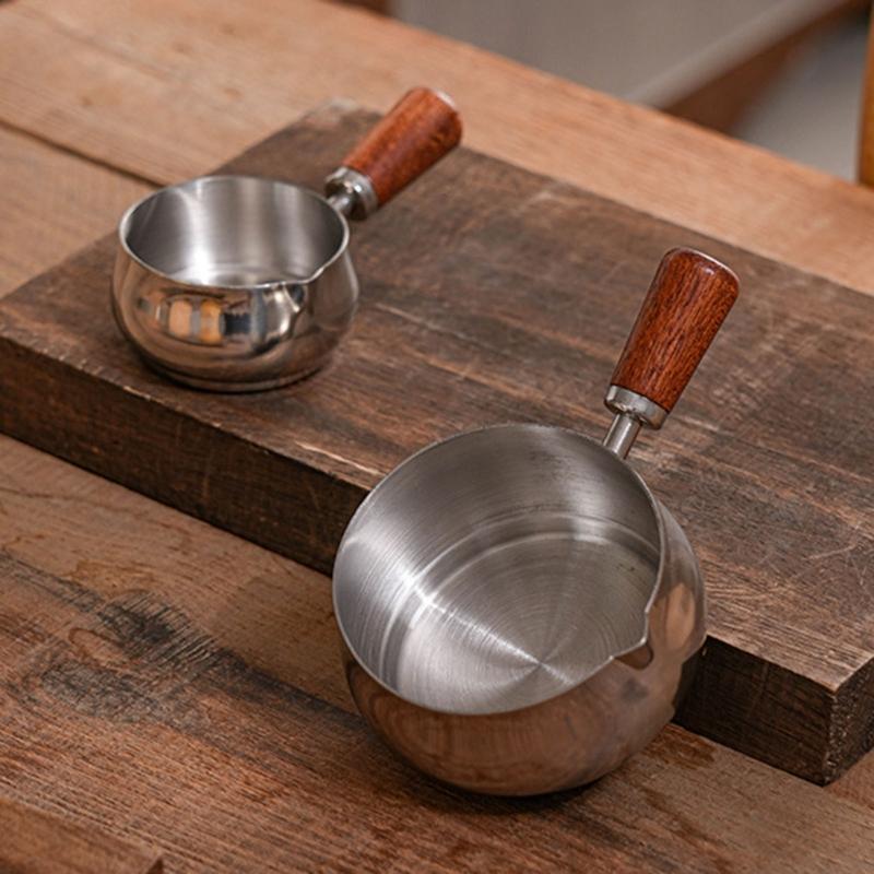 Stainless Steel Pouring Cups With Wooden Handle Stackable Dip Saucers For Heating Butter And Preparing Coffee