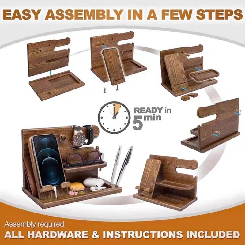 Wood Docking Station Farmhouse Nightstand Organizer Phone Wallet Jewelry Watch Stand Key Holder Bedside Birthday Gift