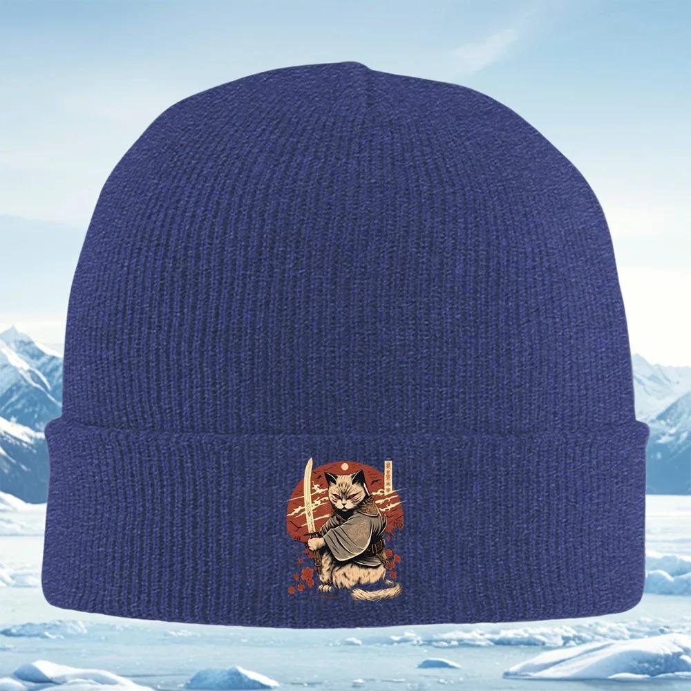 Samurai cat red eyes holding sword Unisex Women Unisex Knitted Hat Beanie Pullover Cap Winter Thermal Warm Christmas Outdoor Cyclin