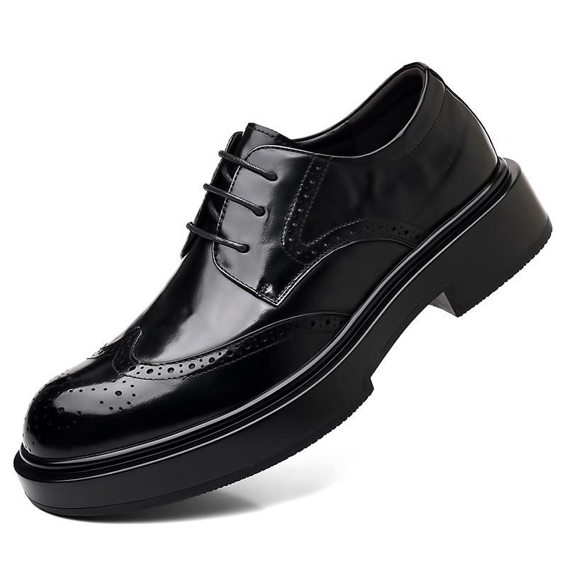 Mens Genuine Leather Oxford Shoes Round Toe Brogue Business Dress Comfortable Thick Sole Rubber
