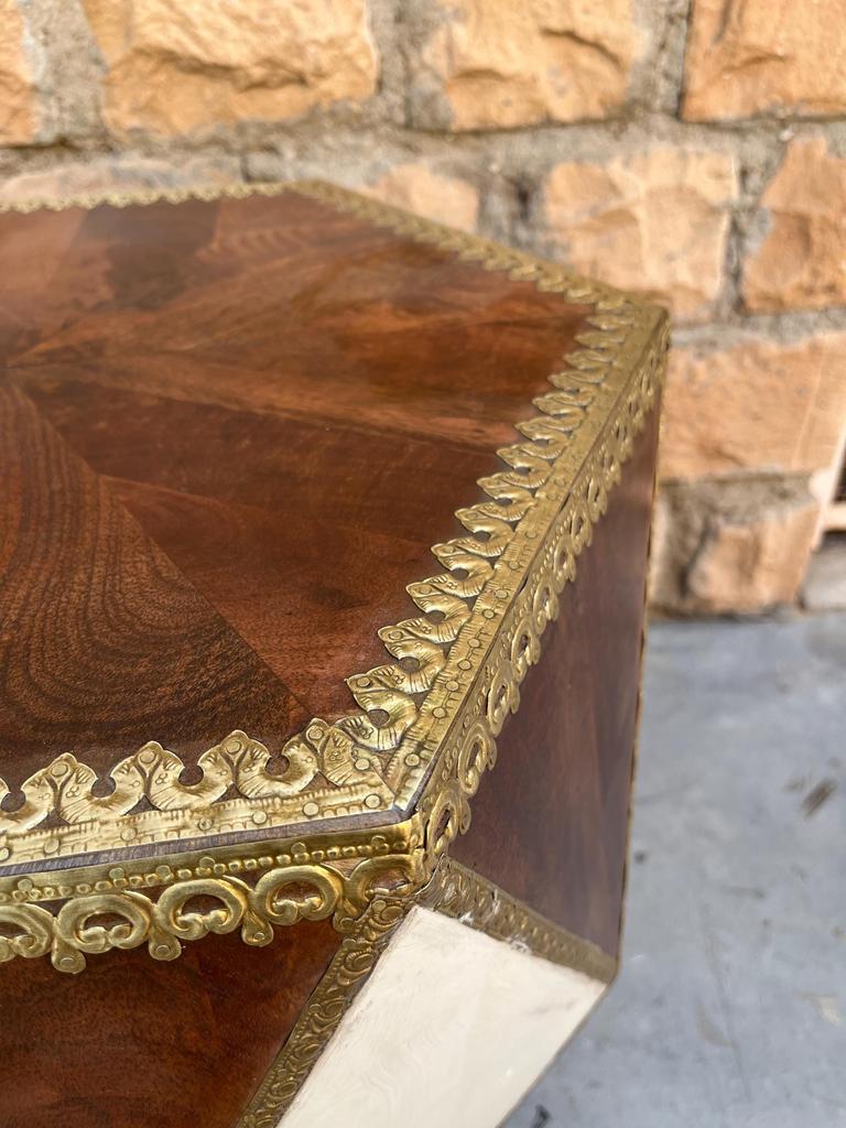 Wooden Coffee Table-India Central Home Decor Furniture-Hexagonal Side Table | Brass Inlay Accent Table | Geometric Boho End Table, Bedside