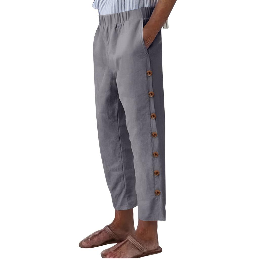 Women's Fashion Color Cotton Hemp Loose Elastic Belt Pocket Side Breasted Casual Pants