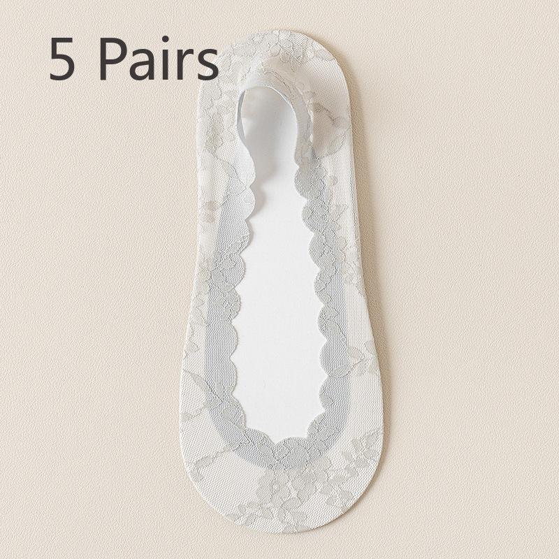 5 Pairs of Women's Spring Summer Thin Cotton Sole Lace Non Slip Boat Socks