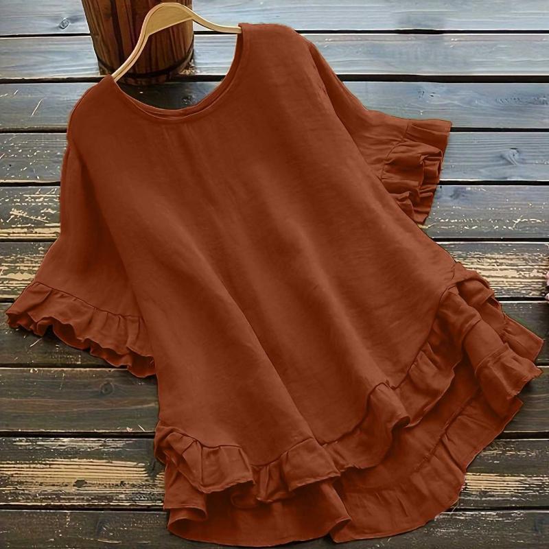 Plus Size Women's Solid Color Casual Short Sleeved Round Neck T-Shirt Ladies Ruffled Hem Women's Back Button Up Top