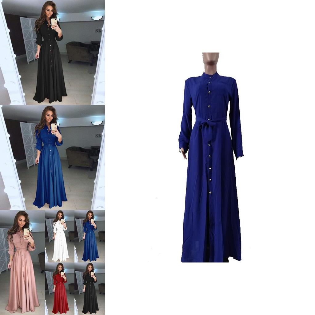Sleeve Women Long Button Dowm Maxi Dress Evening Party Casual Shirt Dress