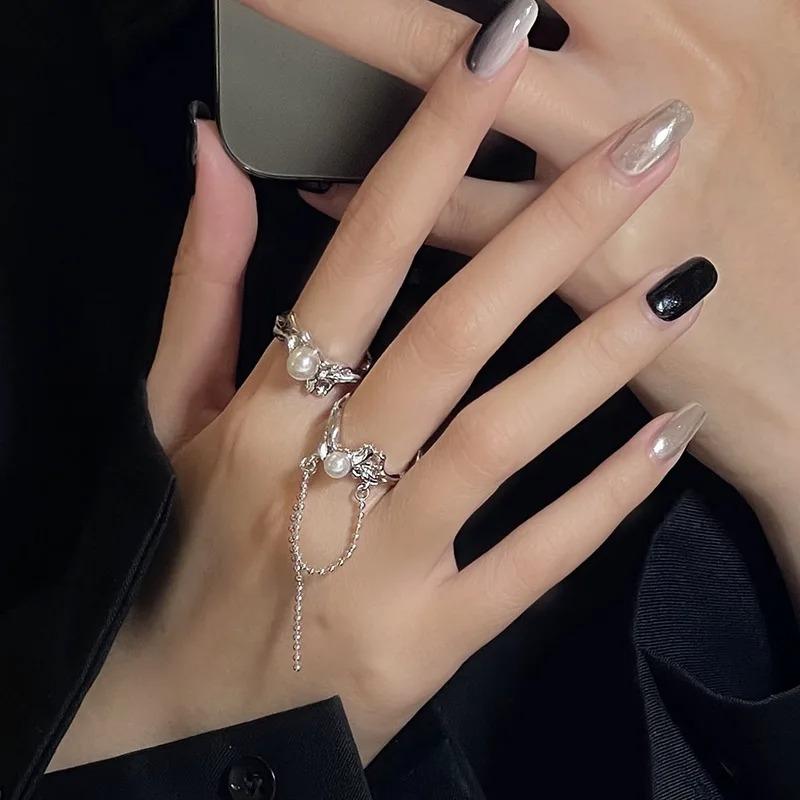 New Gothic Fashion Irregular Tassel Moonstone Rings Y2K Lava Chain Star Opal Stone Ring Pearl Rings Set for Women Jewelry