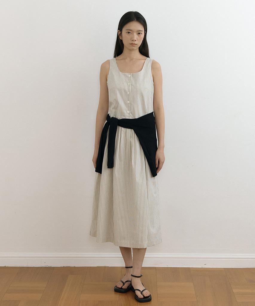 Lingseoul Striped Square Neck Sleeveless Dress-Cream