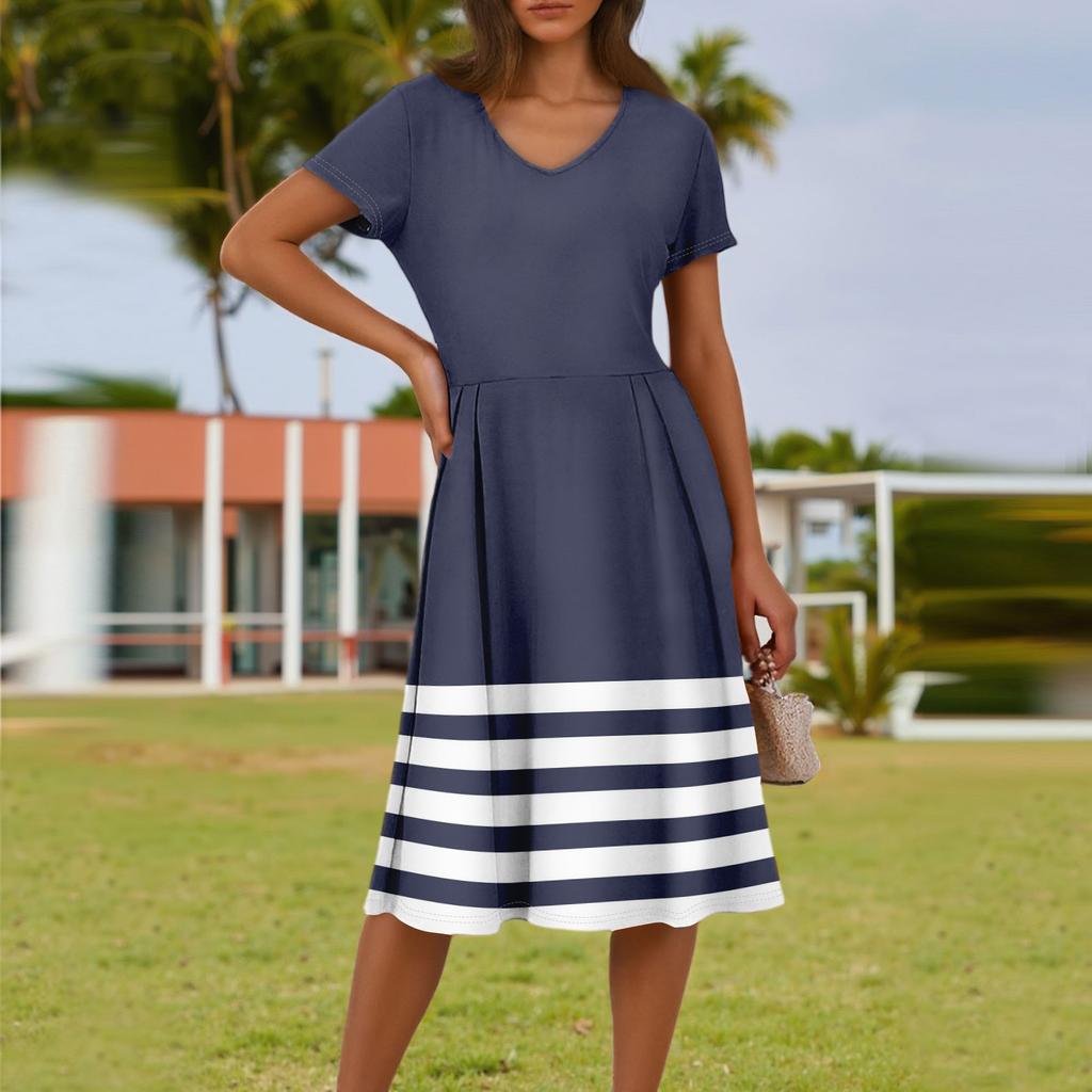 Women's Summer Fashion Casual Striped Printed V-Neck Short Sleeve Dress With Pockets