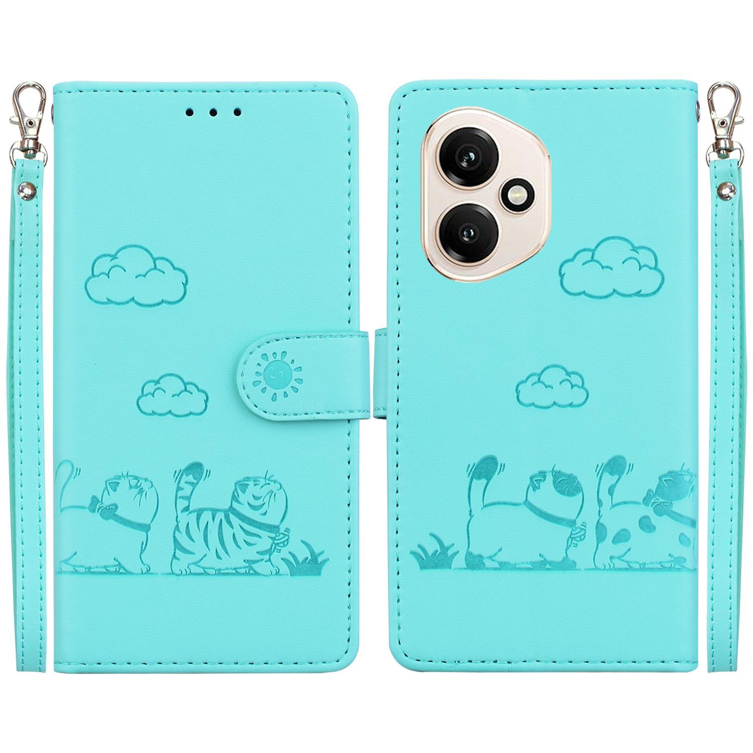 

For Honor 400 5G (Global) Case RFID Blocking Kitten Pattern TPU+PU Leather Phone Cover with Wrist Strap Green