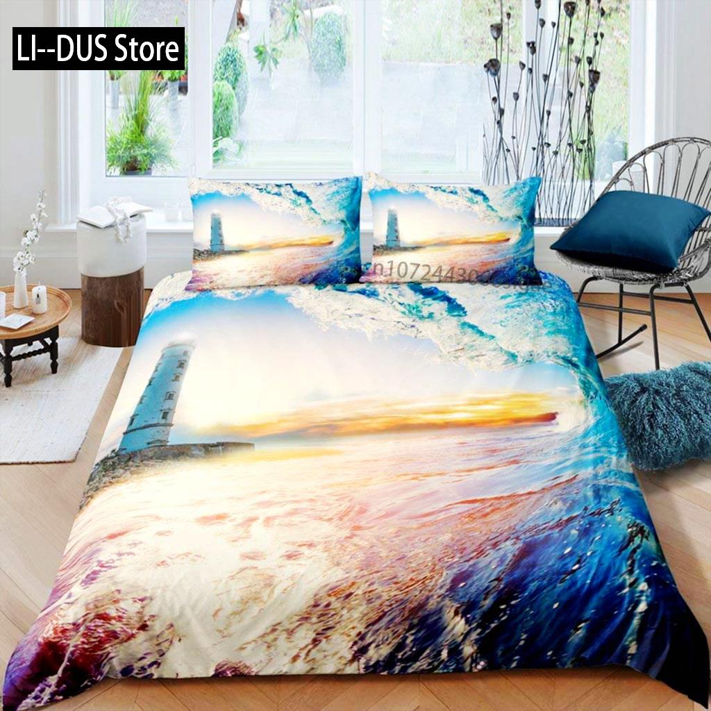 Lighthouse Duvet Cover Set Nautical Surfing Ocean Wave Bedding Set Queen Polyester Coastal Nature Theme Quilt Cover For Kids Boy