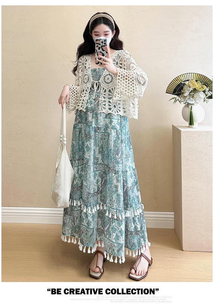 Knit Hollow Cardigan Maternity Set: Slimming Long Dress Two-Piece for Summer 2026, Age-Reducing Holiday Style