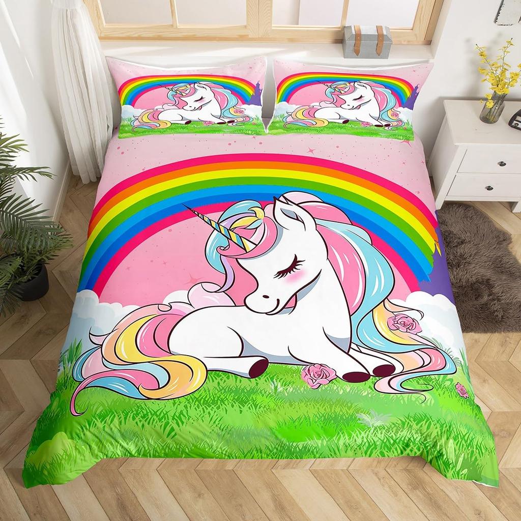 Unicorn Bedding Set Full QueenCartoon Rainbow Animal Comforter Cover Kids Girls Glitter Unicorn Duvet Cover Kawaii Quilt Cover