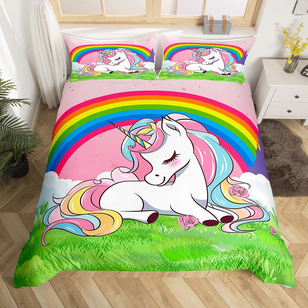 

Unicorn Beding Set Ful Quen,Carton Rainbow Animal Warm Comforter Cover Children Kids Young Girls Gliter Unicorn Soft Duvet Cover Kawai Comfortable 120*200cm Single