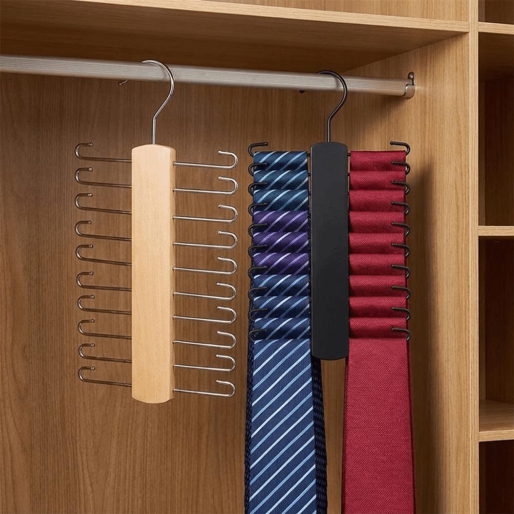 360° Rotating Wooden Tie Rack Space Saving Belt Storage Hanger Tie Storage Rack Men