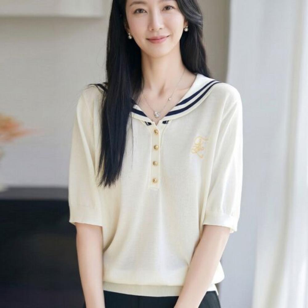 Navava Women Embroidered Button Collar Short Sleeve Knit Tee Nk3708