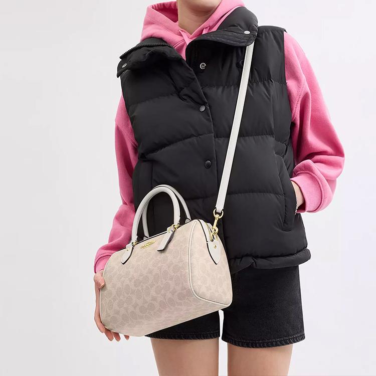 Coach Rowan 25 Logo Zip Closure Coated Canvas Shoulder Crossbody Tote Bag Medium Women Handbags Sand Chalk-White CV961-IMXDM