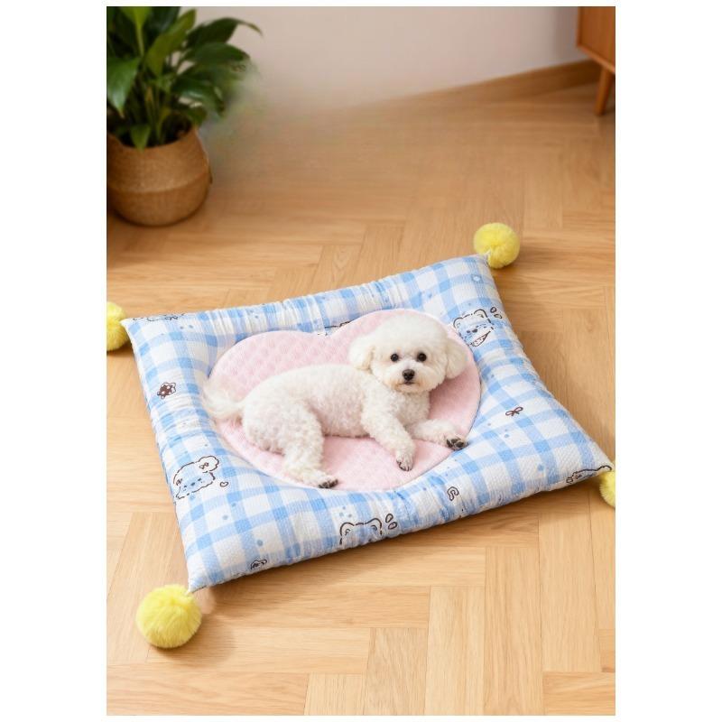 Square Pet Mat Four‑sided Bolster Cushion Plaid Pom‑pom Decor Soft Cooling Sleeping Pad for Small Dogs Cats