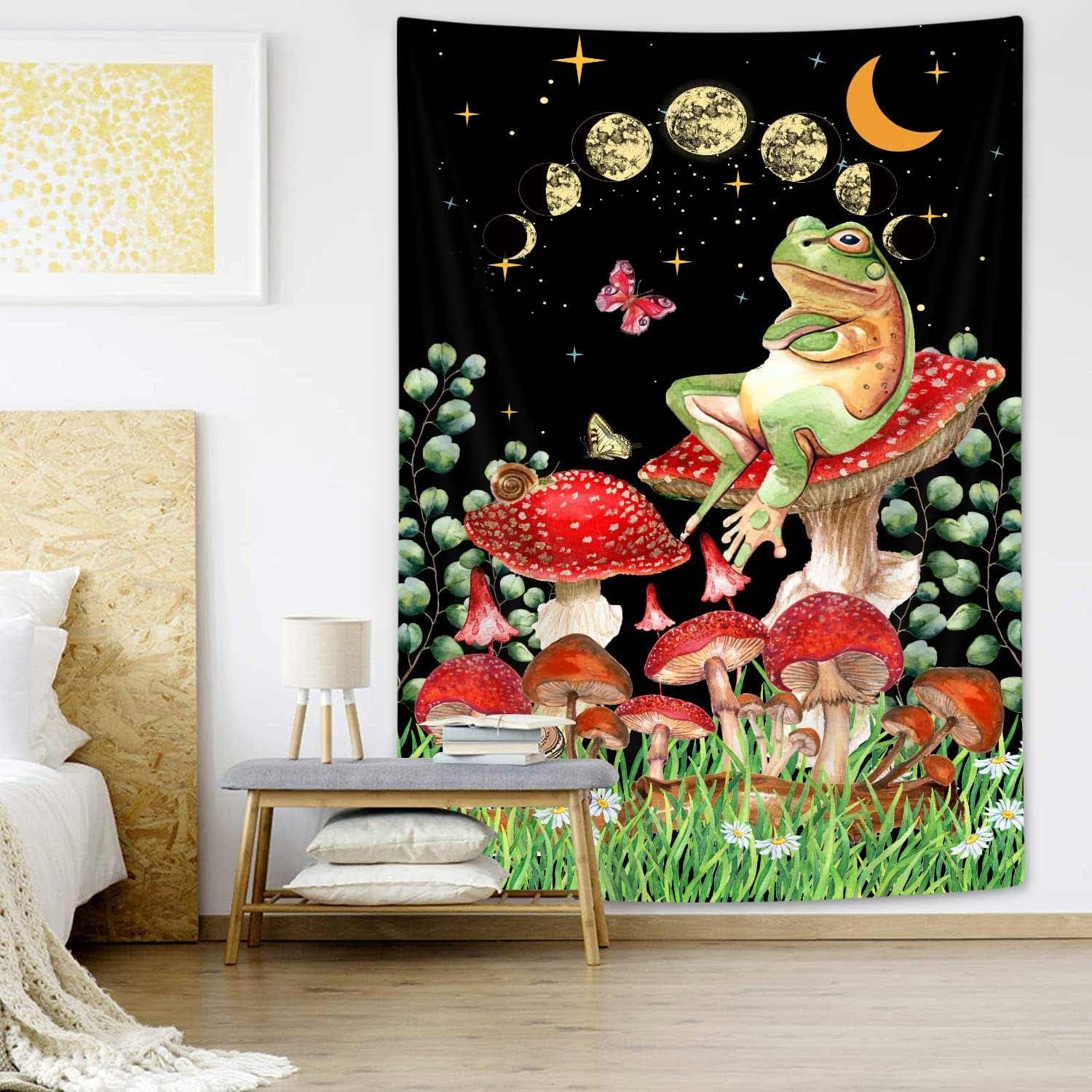 Tapestry of the moon phase, mushroom, frog, and butterfly 75x100 чёрный