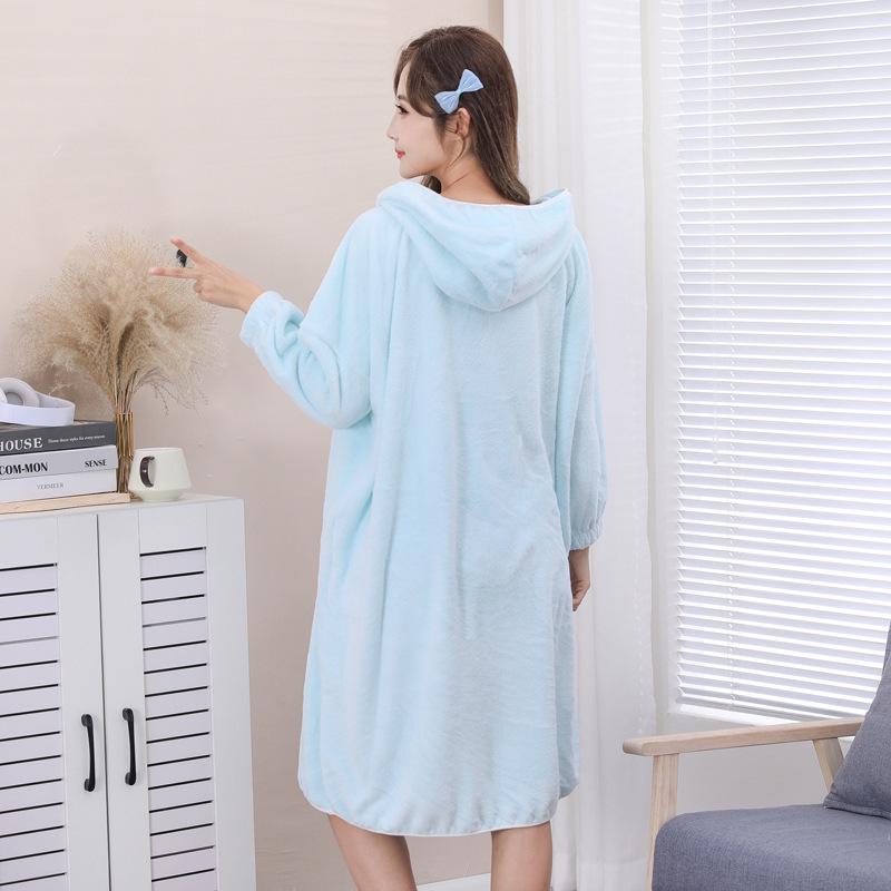 Women's Quick-Drying Hooded Coral Fleece Bathrobe for Spa, Sauna, and Home
