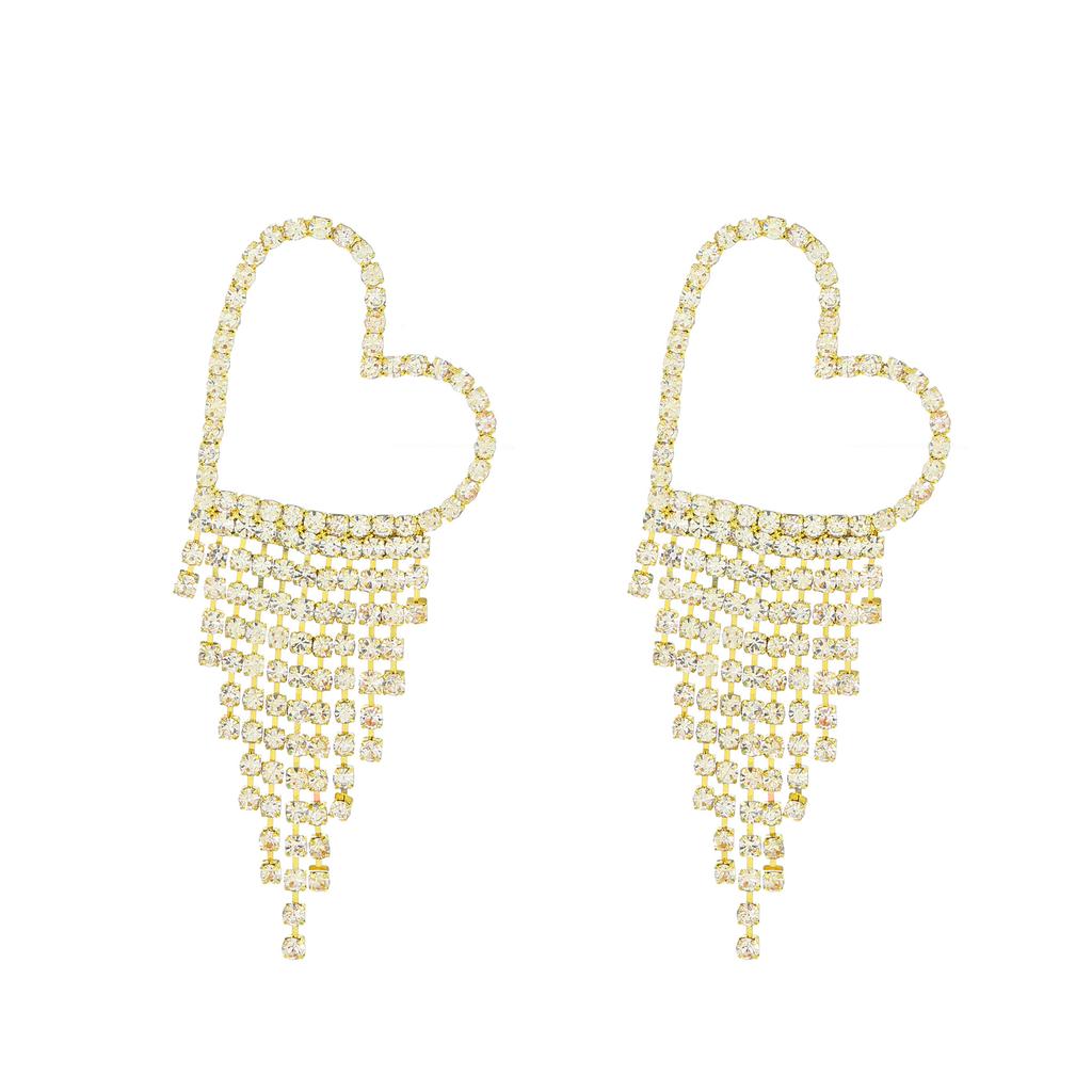 High Quality Light Luxury Full Diamond Exaggerated Chain Fringed Earrings Femininity Love Rhinestone Earrings Internet Celebrity Earrings Wholesale