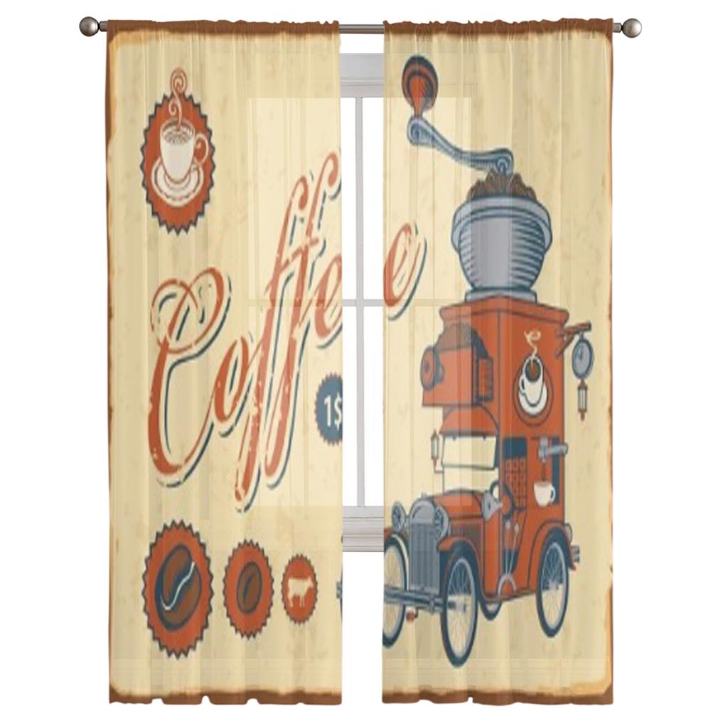 Vintage Car With Coffee Grinder On Roof Sheer Curtains for Living Room Tulle Window Curtain Bedroom Kitchen Veil Drapes