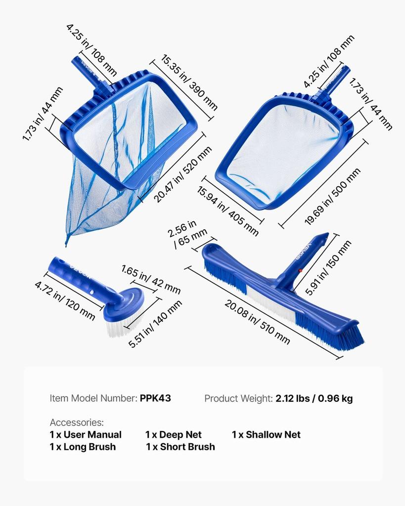 Swimming Pool Cleaning Kit, Includes 2 Detachable Brush Heads (508 Mm / 139.7 Mm) and 2 Pool Skimmer Nets, 4-in-1 Inground/Above Ground Pools Cleaning