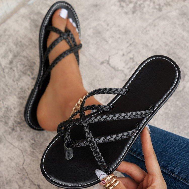 Korean Plus Size Women's Summer Sandals 2024: Stylish Woven Flat Fashion Beach Shoes