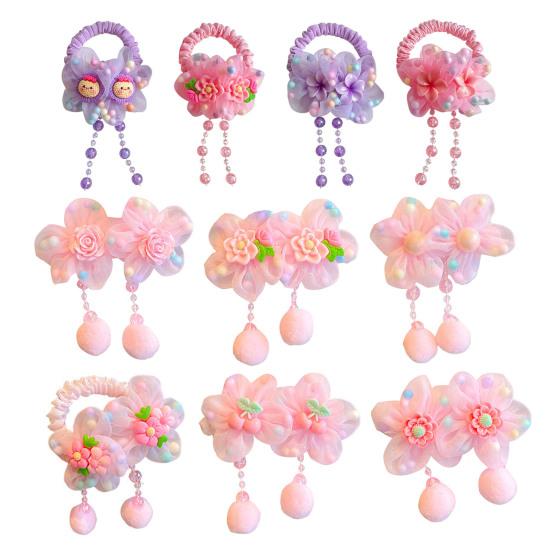 Hair Tie Soft Organza Flower Shape Hair Rope with Plush Tassels Imitation Pearls Decor High Elastic Band Bun Holder Hair Accessories