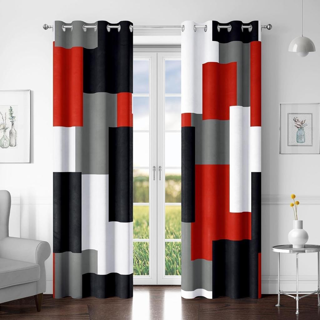 2Pcs Red Black Blackout Curtains for Bedroom Modern Abstract Geometric Living Room Darkening Thermal Insulated Window Drapes
