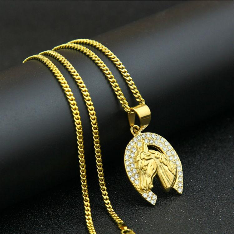 New Mens Hip Hop Personalized Necklace Gold Diamond Set Horsehead Fashion Pendant