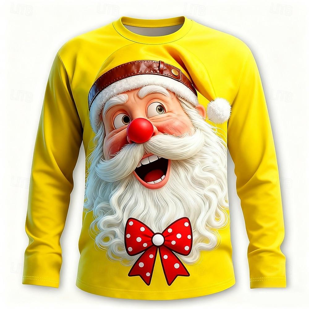 Funny Santa Clause Graphic Men's T-Shirts Fashion Christmas Style Long Sleeve Round Neck Pullovers Festival Family Party Clothes
