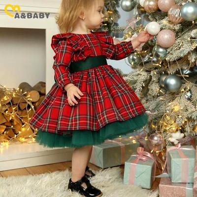 Spot Foreign Trade New Christmas Girls' Long-Sleeve Plaid Princess Dress with Bow