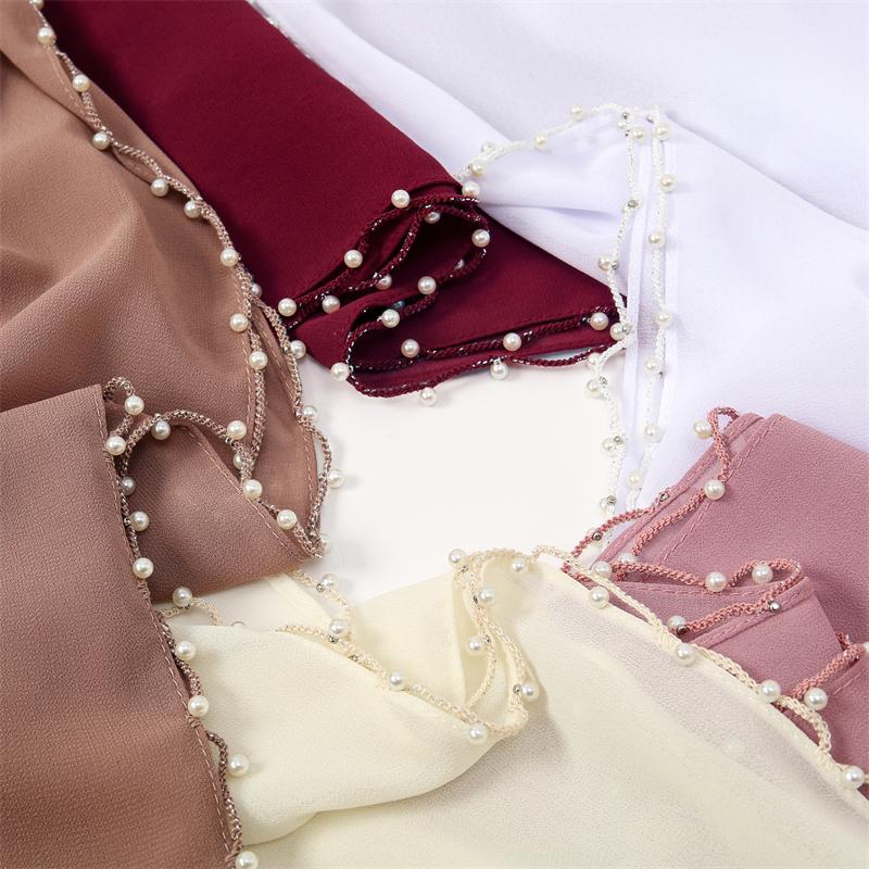 Muslim Chiffon Hijab Scarf Pearl Edge Solid Color Squane Head Wrap For Women Hijabs Scarves Jersey Hijabs Islamic Turban Headban