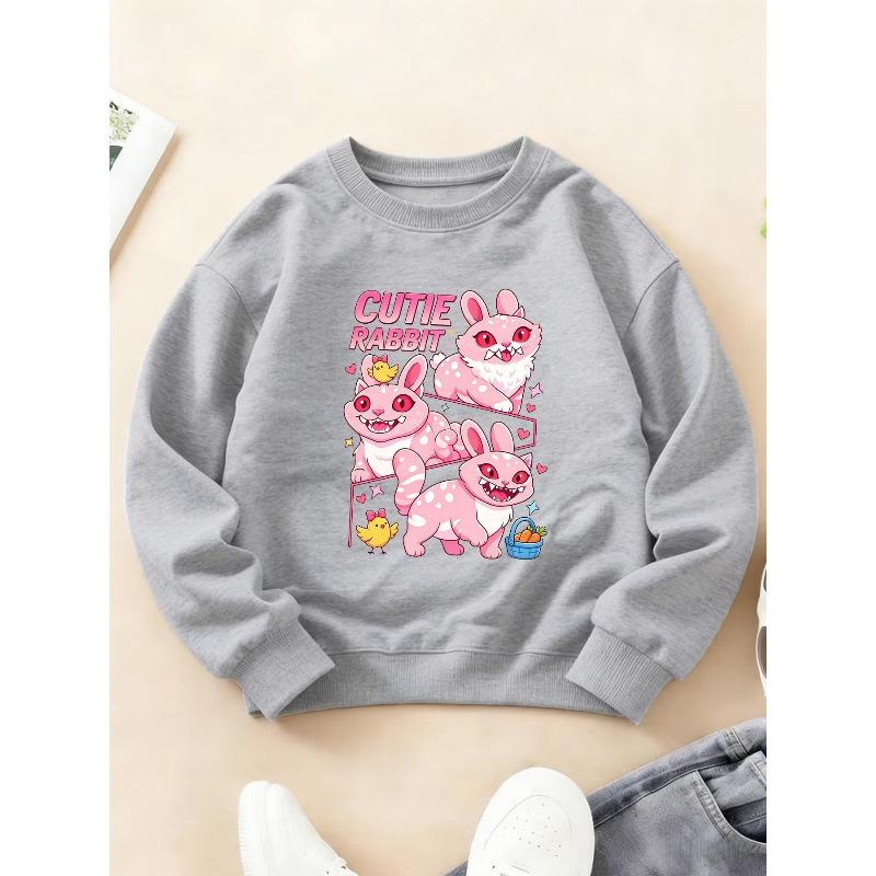 Kids Crewneck Sweatshirt, Three Cute Pink Rabbits Fun Print Long Sleeve Top for Autumn Winter