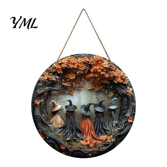 Halloween Party Home Ornament Witch Hanging Sign, 8" Round Wooden Door Autumn Forest Front Decor Witches Rustic Holiday Sign for Porch Decoration Gift