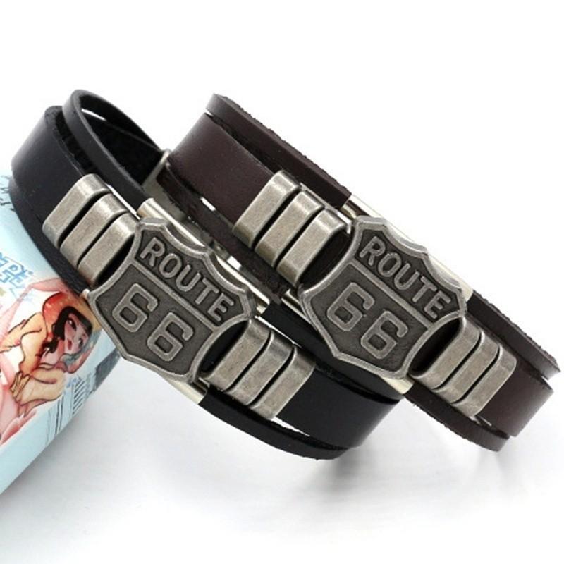 Trendy American Route 66 Printed Pattern Bracelet Men's Bracelet Metal Multilayer Leather Bracelet Accessories New Party Zircon