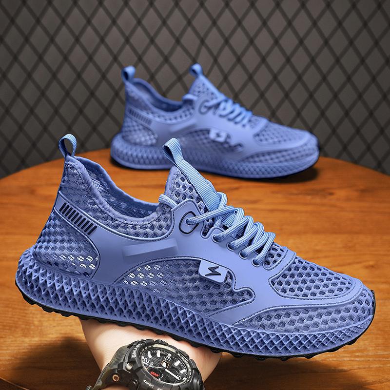 

Кроссовки мужские 2024 лето новые сетчатые дышащие вязаные кроссовки для бега модные универсальные полые повседневные туфли 39 синий