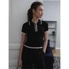 Strickpullover Pullover Damen Kurzarm Patchwork Schlankes Revers Elegantes Kontrast Stricktop Weiblicher Skinny Ripppullover