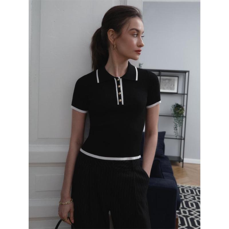 Strickpullover Pullover Damen Kurzarm Patchwork Schlankes Revers Elegantes Kontrast Stricktop Weiblicher Skinny Ripppullover