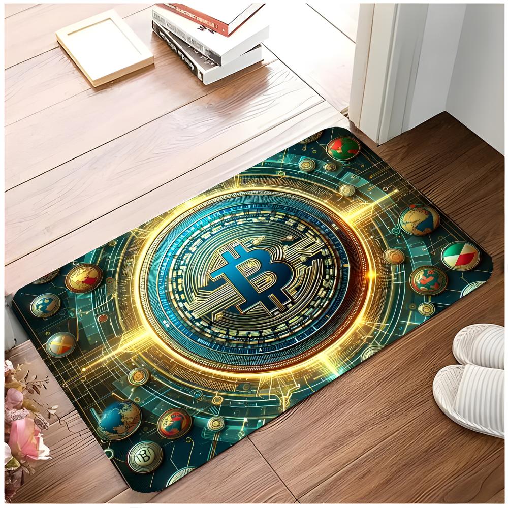 Currency Digital B-Bitcoin Floor Mat Non-Slip Washable Flannel Door Mat Absorbent Indoor Floor Rug