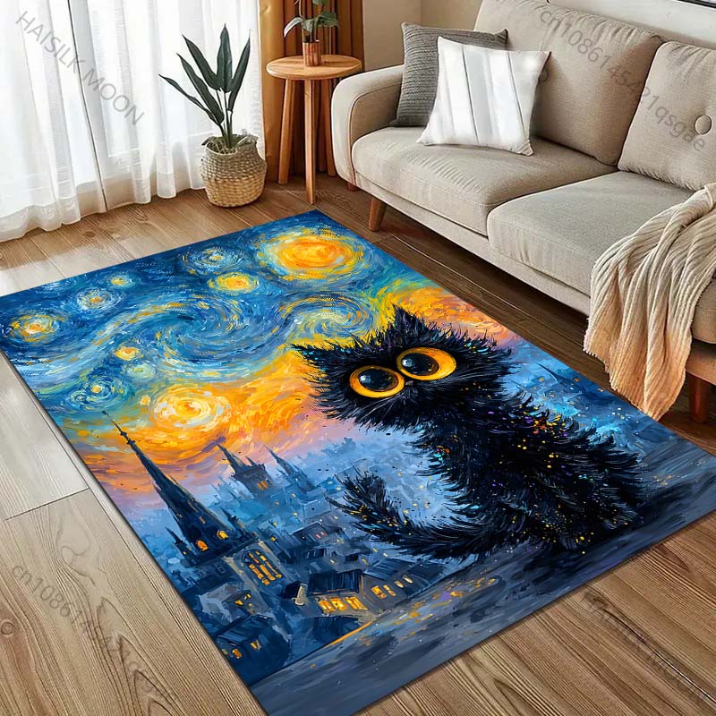 1PC Cat and Starry City Carpet for Living Room Bedroom Sofa Home Decor Rus Non-slip Floor Mat Luxury Gift