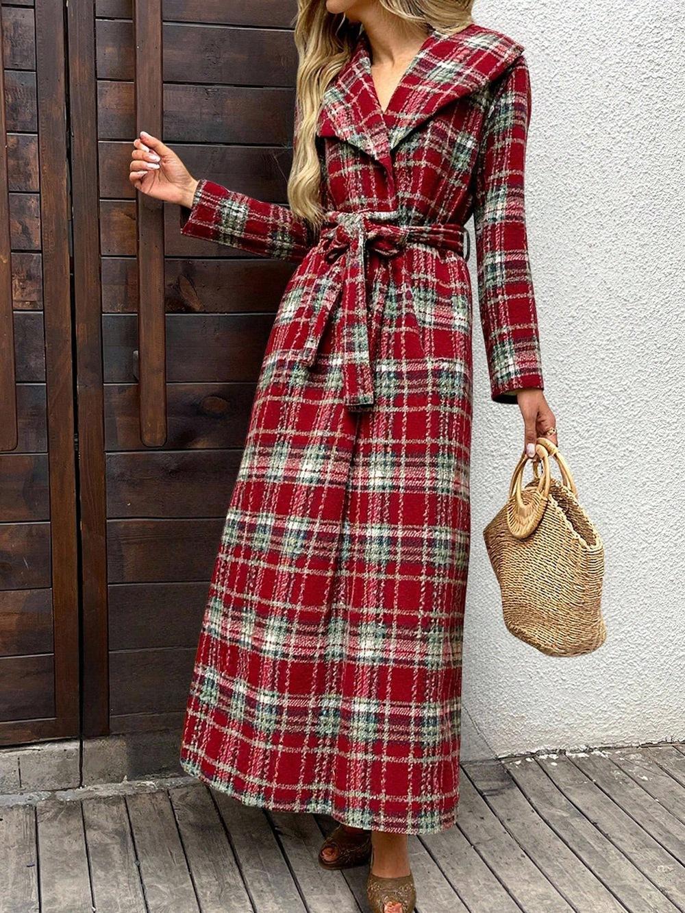 New autumn and winter women s clothing, European and American plaid belt woolen coat S кирпич красный