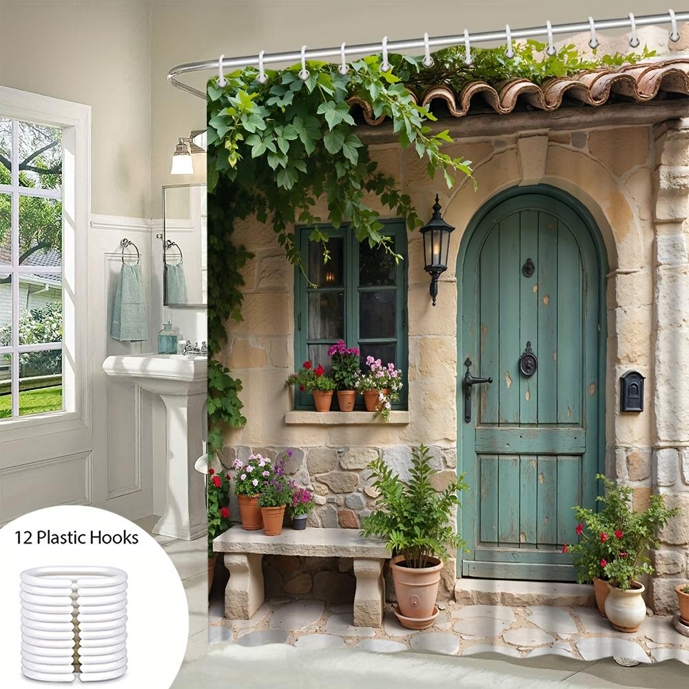 Charming Cottage Bath Curtain - Green Door,Stone Wall & Potted Plants; Waterproof Home Decor Adds Rustic Charm To Your Bathroom.