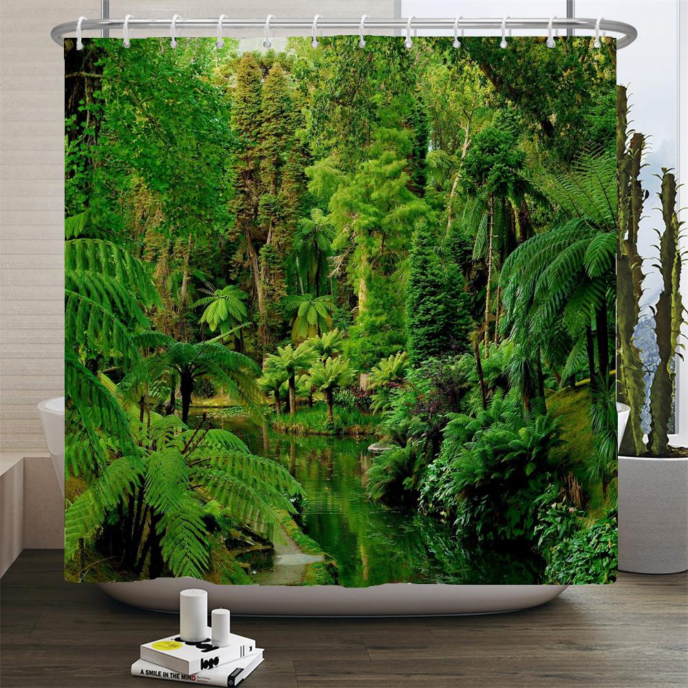 Natureza Paisagem Florestal Cortinas de Chuveiro Cortina de Banheiro Tecido Poliéster Impermeável Cenário Cortina de Banho com Ganchos