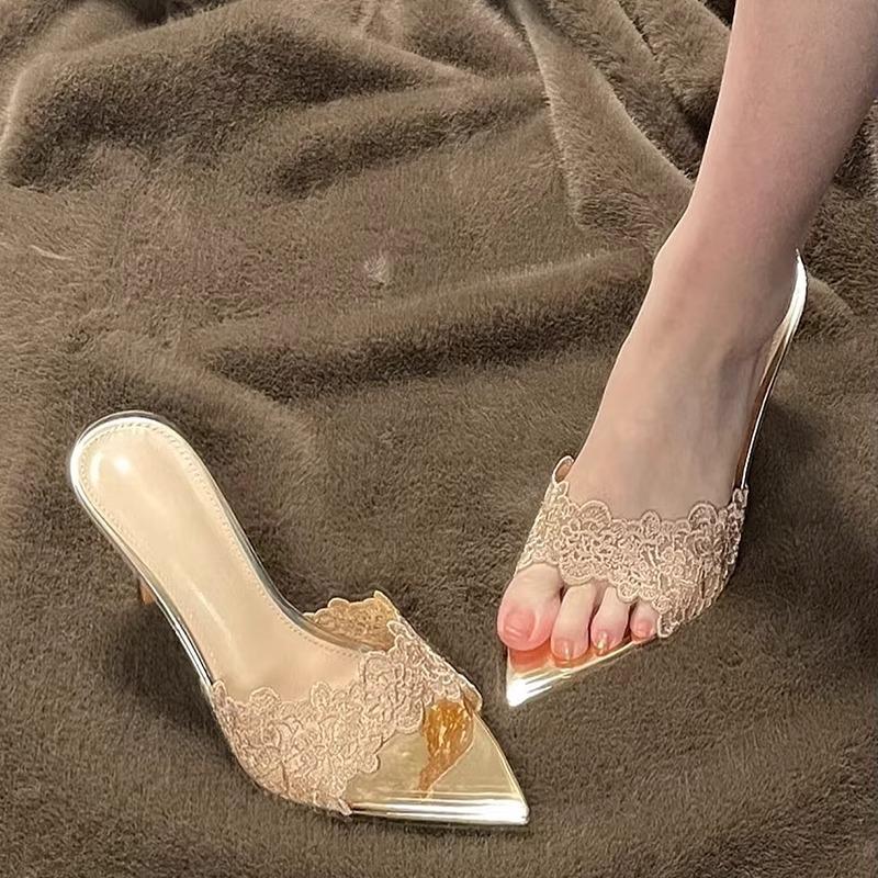 Offene spitze Zehenpartie, einwortiger Slipper aus Spitze und Mesh-Stickerei, Damen-Sommer, neu, sexy Oberbekleidung, Stiletto-High Heels, coole Slipper