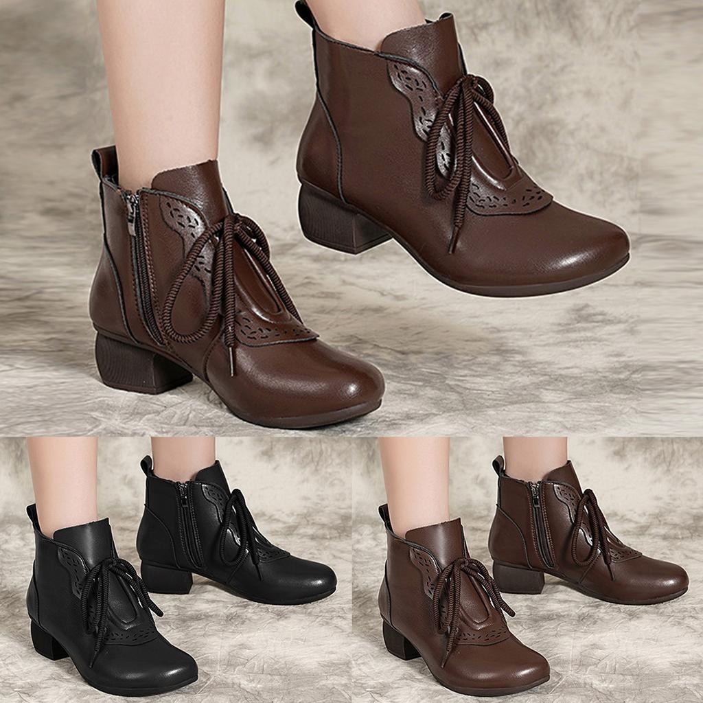 Women's Fashion Soft Leather Beef Tendon Soft Bottom Flat Heel Single Shoes Round Toe Four Leather Lace up Boots for Women