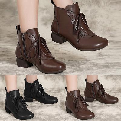 Damenmode Weiches Leder Rindersehne Weiche Sohle Flacher Absatz Einzelne Schuhe Runde Spitze Vier Leder Schnürstiefel für Damen