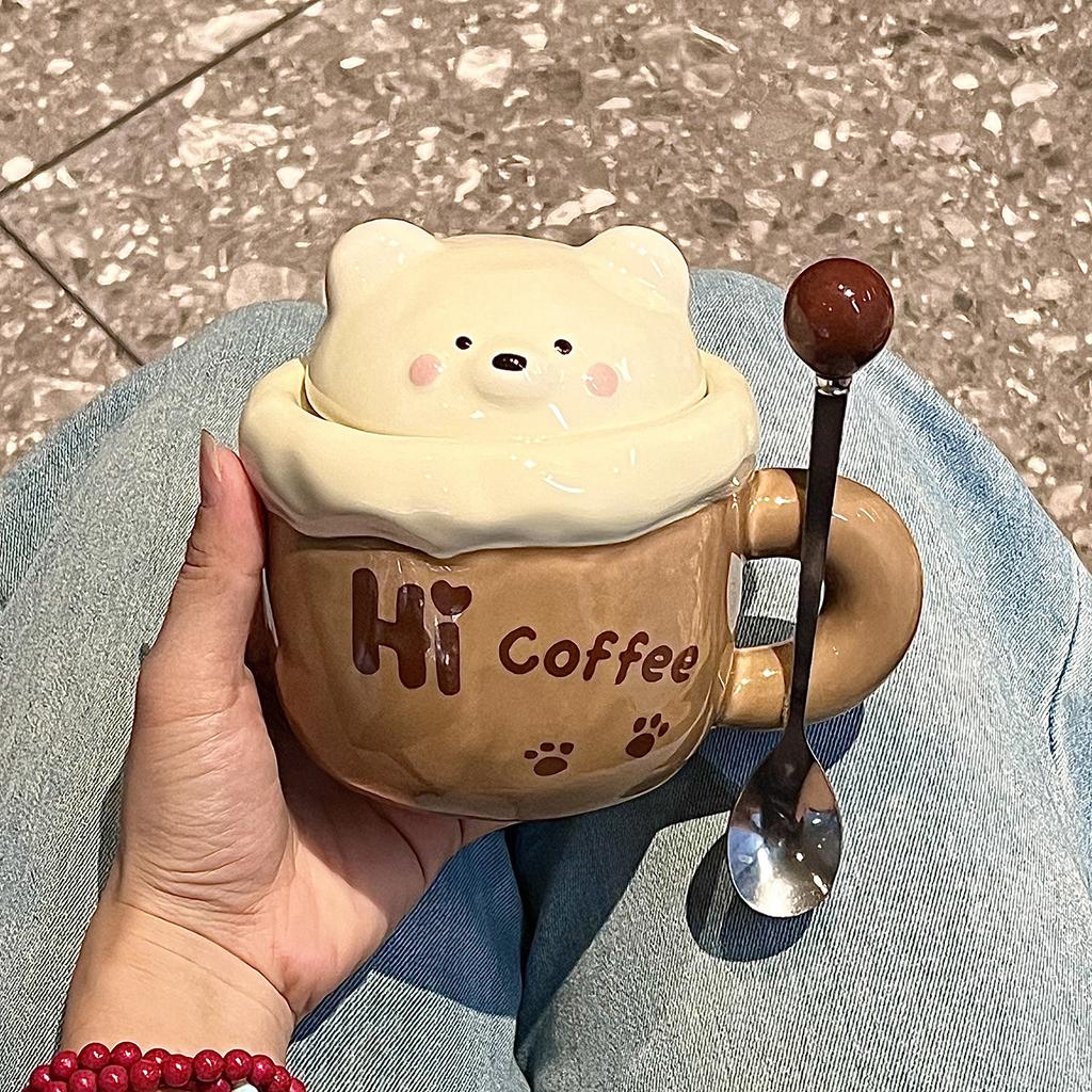 High-value Bear Mug with Lid Spoon, Cute Ceramic Water Cup for Girls' Birthday Gift, Cup Companion Gift