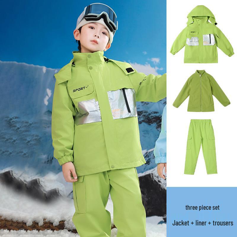 Kids' Thickened Ski Suit Set: Warm DuPont, Three-Proof Mountaineering Jacket for Boys & Girls, Primary School Students, Three-Piece.
